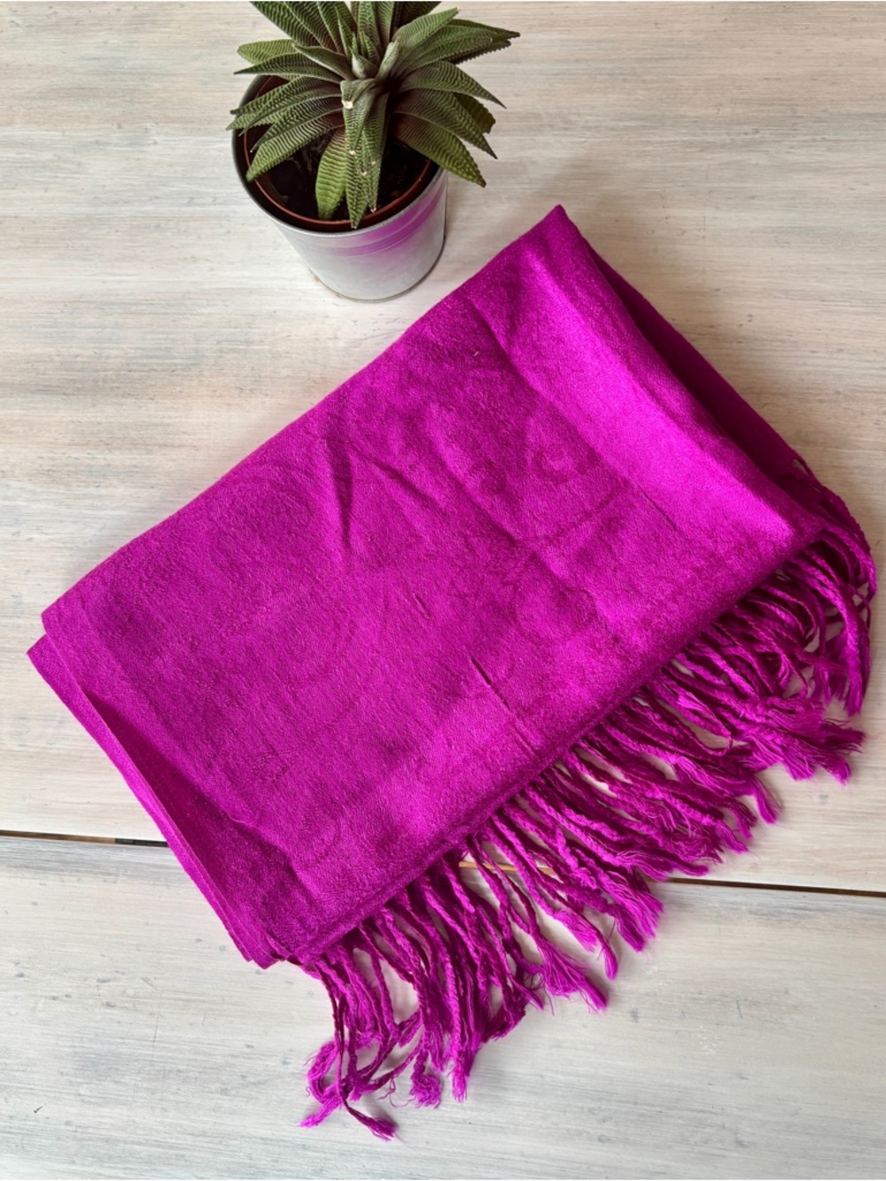 Fuchsia Woven Scarf with Geometric Pattern & Fringe Trim.